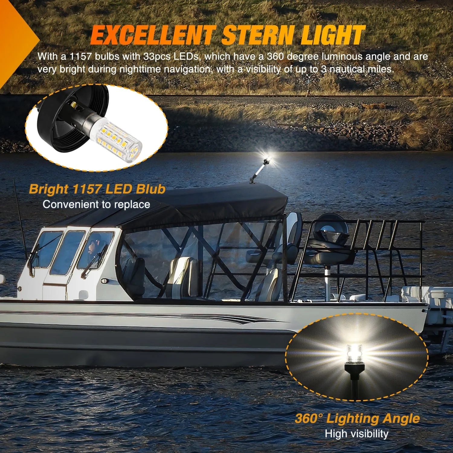 9 Inch White Folding Stern Light for Marine Boats