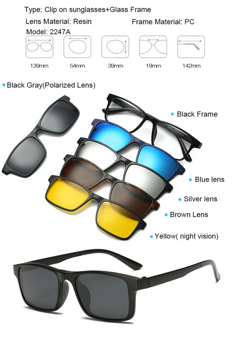 Brightzone Unisex Full Rim Square Tr 90 Eyeglasses Clip On Polarized Sunglasses 2201A