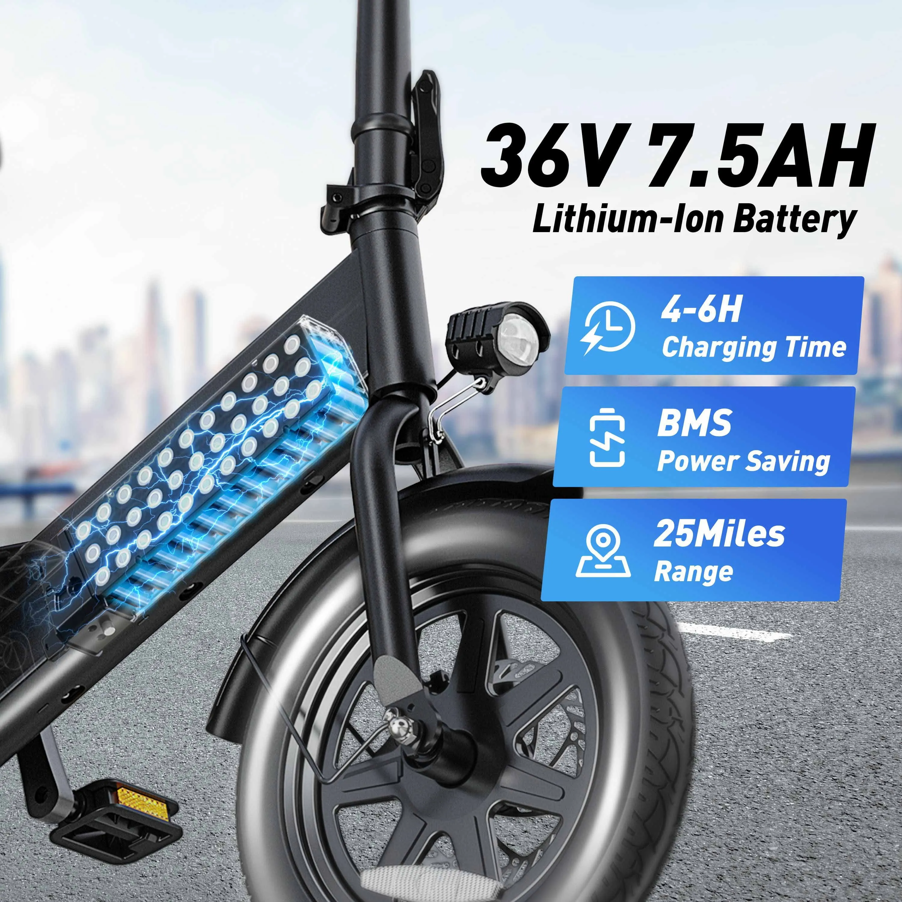 DYU 14" Folding Electric Bike for Adults Teens, 350W 36V/7.5AH, Pedal-Assist, Commuter Cruiser City E Bike