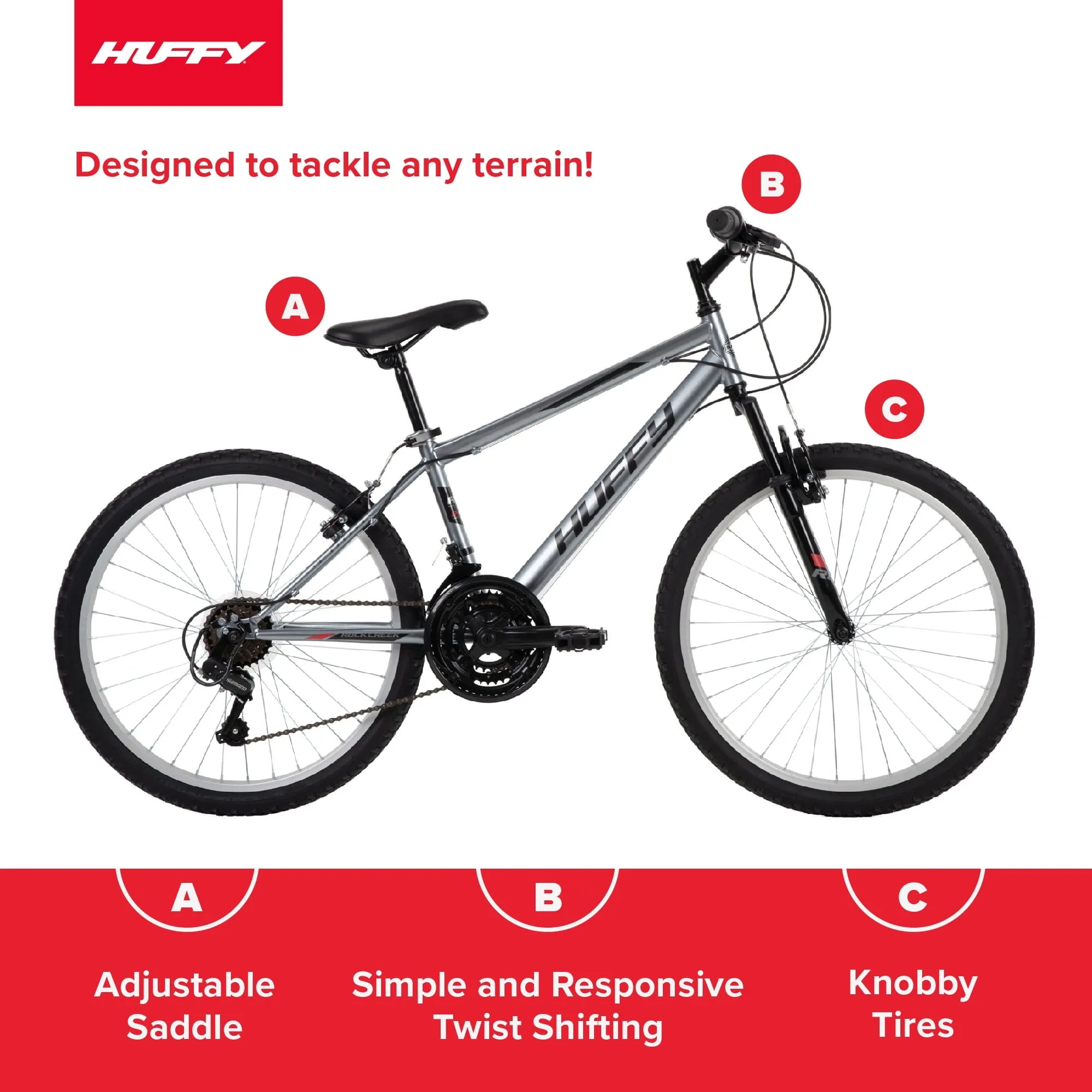 Huffy Rock Creek Mountain Bike, 24" Wheels, Adult Ages 13 , 18-Speeds, Grey