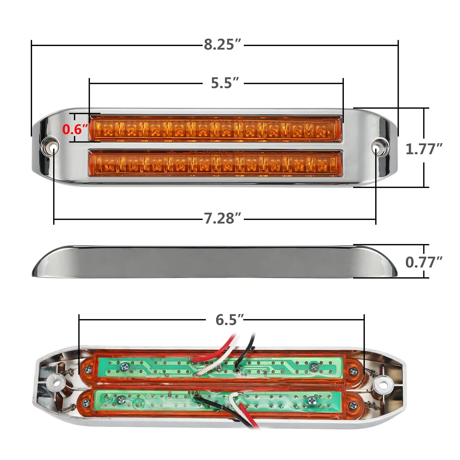 Partsam 2Pcs 8 1/4 Inch Led Trailer Tail Light Bar Amber 20 LED Chrome Flush Mount Stop Turn Tail Light Bar Dual 10 LED 6 1/2 Inch Turn Signal Light Bars Strips 12V Amber Lens 3 Wire Pigtails
